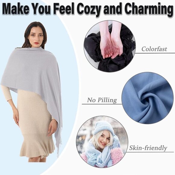 Women's Scarf Pashmina Shawls and Wraps Winter Warm Silky Scarves -Silver Gray - Picture 3 of 6